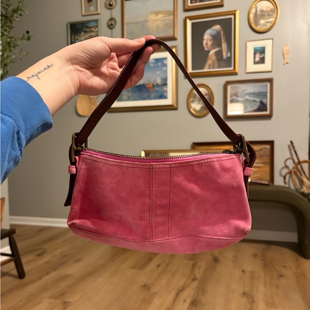 Y2K Pink Suede Coach Hamptons Demi Baguette Shoulder Bag